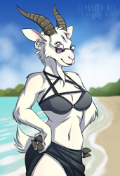 Size: 617x900 | Tagged: safe, artist:rotarr, oc, oc only, oc:carrie (rotarr), bovid, goat, mammal, anthro, 2018, beach, bikini, blue eyes, clothes, ear piercing, ears, female, fur, glasses, goatee, hooves, horns, outdoors, piercing, round glasses, solo, solo female, standing, sunglasses, swimsuit, tail, water, white body, white fur