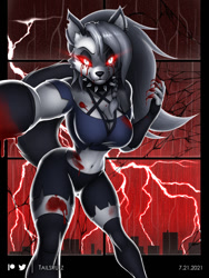 Size: 900x1200 | Tagged: suggestive, artist:tailsrulz, loona (vivzmind), canine, fictional species, hellhound, mammal, anthro, hazbin hotel, helluva boss, 2021, big breasts, black border, black nose, blood, border, bottomwear, braid, breasts, cleavage, clothes, collar, colored sclera, crop top, cropped shirt, ear fluff, ears, eyebrows, eyelashes, eyeshadow, fangs, female, fingerless gloves, fluff, fur, gloves, gray body, gray fur, gray hair, hair, holding viewer, legwear, lightning, long hair, looking at you, makeup, midriff, multicolored fur, red sclera, sharp teeth, solo, solo female, spiked collar, tail, tail fluff, teeth, thick thighs, thigh highs, thighs, topwear, torn ear, white body, white eyes, white fur