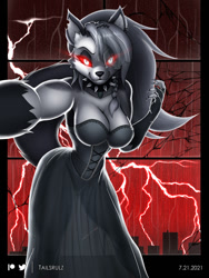 Size: 900x1200 | Tagged: safe, alternate version, artist:tailsrulz, loona (vivzmind), canine, fictional species, hellhound, mammal, anthro, hazbin hotel, helluva boss, 2021, big breasts, black border, black nose, border, braid, breasts, cleavage, clothes, collar, colored sclera, dress, ear fluff, ears, eyebrows, eyelashes, eyeshadow, fangs, female, fingerless gloves, fluff, fur, gloves, gray body, gray fur, gray hair, hair, holding viewer, leotard, lightning, long hair, looking at you, makeup, multicolored fur, red sclera, sharp teeth, solo, solo female, spiked collar, tail, tail fluff, teeth, thick thighs, thighs, torn ear, white body, white eyes, white fur