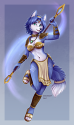 Size: 900x1524 | Tagged: safe, artist:snowsnow11, krystal (star fox), canine, fox, mammal, anthro, nintendo, star fox, 2021, armor, black nose, blue body, blue fur, blue hair, body markings, bottomwear, breasts, claws, cleavage, clothes, cyan eyes, ear fluff, eyebrows, eyelashes, female, fluff, fur, hair, jewelry, krystal's staff, looking at you, multicolored fur, necklace, open mouth, open smile, paws, sandals, shoes, short hair, smiling, smiling at you, solo, solo female, spear, tail, tail fluff, teeth, thighs, tongue, topwear, tribal markings, two toned body, two toned fur, unconvincing armor, vixen, weapon, white body, white fur