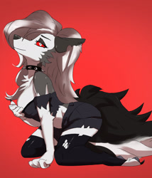 Size: 2000x2339 | Tagged: suggestive, artist:jesterwing, loona (vivzmind), canine, fictional species, hellhound, mammal, anthro, digitigrade anthro, hazbin hotel, helluva boss, 2021, big breasts, big butt, black nose, bottomwear, breasts, butt, chest fluff, claws, clothes, collar, colored sclera, crop top, cropped shirt, ear piercing, earring, ears, eyebrows, eyelashes, eyeshadow, female, fluff, fur, gray body, gray fur, gray hair, gray paw pads, hair, high res, kneeling, legwear, long hair, looking at you, makeup, midriff, multicolored fur, paw pads, paws, piercing, red sclera, smiling, smiling at you, solo, solo female, spiked collar, tail, thigh highs, thighs, toeless legwear, topwear, torn clothes, torn ear, white body, white eyes, white fur