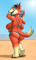 Size: 969x1600 | Tagged: suggestive, alternate version, artist:creatiffy, audie (animal crossing), canine, mammal, wolf, anthro, plantigrade anthro, animal crossing, animal crossing: new horizons, nintendo, 2021, ball, beach, beach ball, big breasts, bikini, breasts, clothes, cloud, digital art, eyelashes, female, fur, glasses, looking at you, looking back, looking back at you, open mouth, rear view, sand, sandals, shoes, shortstack, sideboob, sky, solo, solo female, sunglasses, swimsuit, tail, thighs, tongue, wedgie, wide hips