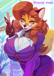 Size: 1150x1600 | Tagged: safe, artist:syuriusuhusky, oc, oc only, oc:cassie (cassie_vixen), canine, fox, mammal, red fox, anthro, 2021, black nose, breasts, brown body, brown fur, brown hair, butt, cleavage fluff, clothes, colored pupils, commission, ear fluff, eyebrows, eyelashes, female, fluff, fur, gloves (arm marking), green eyes, green pupils, hair, huge breasts, huge butt, long hair, looking at you, open mouth, open smile, orange body, orange fur, pen, smiling, smiling at you, solo, solo female, tail, tail fluff, vixen, voluptuous, white body, white fur