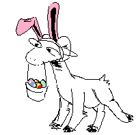 Size: 199x198 | Tagged: safe, artist:breakersunny, oc, oc only, bovid, goat, mammal, basket, bunny ears, cloven hooves, easter, easter basket, easter egg, holding, hooves, horns, low res, male, mouth hold, raised leg, simple background, smiling, solo, solo male, tail, white background