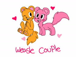 Size: 1280x960 | Tagged: safe, artist:cenonplusfish, mammal, mustelid, weasel, feral, nintendo, rhythm heaven, couple, duo, female, heart, male, male/female, misspelling, one eye closed, open mouth, shipping, simple background, tail, teeth, tongue, unnamed character, white background, winking