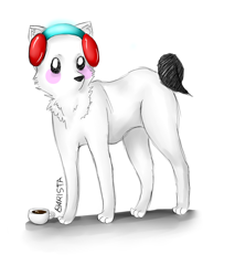 Size: 908x1068 | Tagged: safe, artist:jademinecraft, barista (rhythm heaven), canine, dog, mammal, feral, nintendo, rhythm heaven, chest fluff, coffee, coffee mug, drink, fluff, headphones, looking at you, male, simple background, solo, solo male, tail, white background