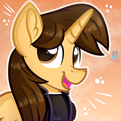 Size: 1250x1250 | Tagged: safe, artist:rainbow eevee, oc, oc only, oc:ej, alicorn, equine, fictional species, mammal, pony, feral, friendship is magic, hasbro, my little pony, brown eyes, brown hair, brown mane, clothes, cute, digital art, fanart, gift art, gradient background, hair, icon, jacket, looking up, male, mane, open mouth, solo, solo male, topwear, yellow body