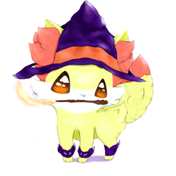 Size: 1000x1000 | Tagged: safe, artist:snoiifoxxo, fennekin, fictional species, mammal, feral, nintendo, pokémon, ambiguous gender, clothes, fire, hat, holding, looking at you, mouth hold, simple background, solo, solo ambiguous, starter pokémon, tail, white background, witch hat