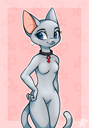 Size: 3129x4489 | Tagged: safe, artist:megabait, oc, oc only, oc:anfisa, cat, feline, mammal, anthro, abstract background, breasts, collar, featureless breasts, female, female sign, kotex, signature, solo, solo female, tampons