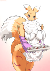 Size: 1033x1470 | Tagged: suggestive, artist:lemonbizate, fictional species, renamon, anthro, digimon, 2021, apron, armwear, black nose, black sclera, blue eyes, body markings, breasts, chest fluff, claws, clothes, colored sclera, cookie, ear fluff, eyebrows, eyelashes, facial markings, female, fluff, food, fur, huge breasts, looking at you, multicolored fur, naked apron, neck fluff, nudity, partial nudity, smiling, smiling at you, solo, solo female, tail, tail fluff, thick thighs, thighs, two toned body, two toned fur, white body, white fur, yellow body, yellow fur