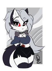 Size: 1607x2223 | Tagged: safe, artist:pawzzypawzbourne, loona (vivzmind), canine, fictional species, hellhound, mammal, anthro, hazbin hotel, helluva boss, 2021, black nose, border, bottomwear, breasts, cell phone, cleavage, clothes, collar, colored sclera, crop top, ear piercing, earring, ears, eyebrows, eyelashes, eyeshadow, female, fluff, fur, gloves, gray body, gray fur, gray hair, hair, legwear, long hair, looking at you, makeup, midriff, multicolored fur, pentagram, phone, piercing, red sclera, shoulder fluff, smartphone, solo, solo female, spiked collar, tail, thick thighs, thigh highs, thighs, topwear, torn clothes, torn ear, white body, white border, white eyes, white fur
