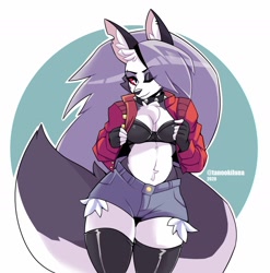 Size: 1832x1856 | Tagged: safe, artist:tanookiluna, loona (vivzmind), canine, fictional species, hellhound, mammal, anthro, hazbin hotel, helluva boss, 2020, belly button, black nose, bottomwear, breasts, chest fluff, cleavage fluff, clothes, collar, digital art, ear fluff, ears, eyebrow piercing, eyelashes, female, fingerless gloves, fluff, fur, gloves, gray body, gray fur, gray hair, hair, jacket, jean shorts, legwear, long hair, looking at you, multicolored fur, one eye closed, piercing, shirt, shorts, smiling, smiling at you, solo, solo female, spiked collar, stockings, tail, thigh highs, thighs, topwear, white body, white fur, wide hips, winking