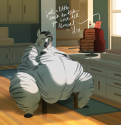 Size: 2423x2500 | Tagged: safe, artist:mellowhen, oc, oc:zach, equine, horse, mammal, zebra, background, belly, bg, bhm, cake, crumbs, fat, fondling, food, high res, hyper, immobile, kitchen, moobs, morbidly obese, obese, rolls, sitting, stuffed, sweat