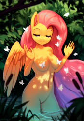 Size: 1500x2157 | Tagged: suggestive, artist:mrscroup, fluttershy (mlp), arthropod, butterfly, equine, fictional species, insect, mammal, pegasus, pony, anthro, friendship is magic, hasbro, my little pony, anthrofied, areola, artistic nudity, belly button, breasts, complete nudity, eyebrows, eyelashes, eyes closed, feathered wings, feathers, featureless crotch, female, fur, hair, long hair, mare, nipple slip, nudity, pink hair, solo, solo female, strategically covered, wardrobe malfunction, water, wings, yellow body, yellow fur
