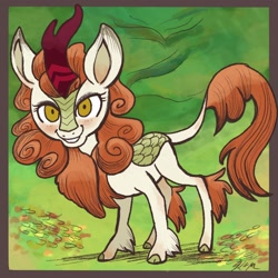 Size: 2048x2048 | Tagged: safe, artist:catscratchpaper, autumn blaze (mlp), equine, fictional species, kirin, mammal, feral, cartoon saloon, friendship is magic, hasbro, my little pony, wolfwalkers, blushing, brown eyes, brown hair, brown mane, cloven hooves, cream body, cream fur, eyelashes, female, freckles, fur, green scales, hair, high res, hooves, looking at you, mane, scales, smiling, smiling at you, solo, solo female, style emulation, tail