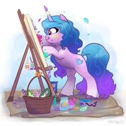 Size: 2048x2048 | Tagged: safe, artist:pfeffaroo, izzy moonbow (mlp), equine, fictional species, mammal, pony, unicorn, hasbro, my little pony, my little pony g5, spoiler, spoiler:my little pony g5, 2021, basket, bipedal, creativity, easel, female, high res, horn, mare, painting, solo, solo female, tail, tongue, tongue out