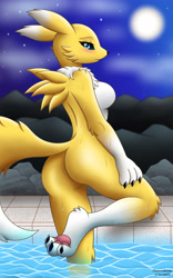 Size: 2500x4000 | Tagged: safe, artist:diamondstorm, fictional species, renamon, anthro, cc by, creative commons, digimon, 2019, adorasexy, bedroom eyes, black nose, black sclera, blue eyes, blushing, breasts, butt, chest fluff, colored sclera, complete nudity, cute, ear fluff, eyebrows, eyelashes, featureless breasts, female, fluff, full moon, fur, moon, multicolored fur, night, nudity, paw pads, paws, sexy, solo, solo female, story at source, swimming pool, tail, tail fluff, thighs, two toned body, two toned fur, underpaw, water, wet, white body, white fur, yellow body, yellow fur