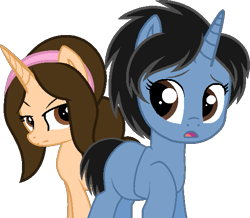Size: 557x485 | Tagged: safe, artist:muhammad yunus, oc, oc only, oc:hsu amity (real life), oc:siti shafiyyah (sofie), alicorn, equine, fictional species, mammal, pony, unicorn, feral, friendship is magic, hasbro, my little pony, 2021, base used, brown eyes, duo, duo female, female, females only, hair, mane, mare, open mouth, simple background, transparent background, unamused