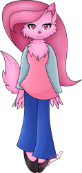 Size: 1261x2653 | Tagged: safe, artist:muhammad yunus, furbooru exclusive, oc, oc only, canine, fox, mammal, anthro, 30 minute art challenge, clothes, female, fur, hair, heart, heart eyes, looking at you, mane, pink body, pink eyes, pink fur, pink hair, pink nose, shoes, simple background, smiling, smiling at you, solo, solo female, tail, transparent background, wingding eyes