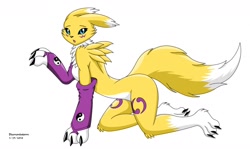 Size: 1280x761 | Tagged: safe, artist:diamondstorm, fictional species, renamon, anthro, digitigrade anthro, digimon, 2018, all fours, black sclera, breasts, claws, clothes, colored sclera, digital art, ears, evening gloves, eyelashes, featureless breasts, female, fingerless gloves, fluff, fur, gloves, long gloves, looking at you, neck fluff, pose, side view, simple background, solo, solo female, tail, thighs, white background