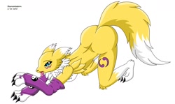 Size: 1280x761 | Tagged: safe, artist:diamondstorm, fictional species, renamon, anthro, digitigrade anthro, digimon, 2018, all fours, black sclera, breasts, butt, claws, clothes, colored sclera, digital art, ears, evening gloves, eyelashes, face down ass up, female, fingerless gloves, fluff, fur, gloves, long gloves, looking at you, neck fluff, open mouth, pose, rear view, side view, simple background, solo, solo female, tail, thighs, tongue, tongue out, white background