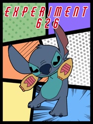 Size: 768x1024 | Tagged: safe, artist:kurage0404, stitch (lilo & stitch), alien, experiment (lilo & stitch), fictional species, disney, lilo & stitch, 2021, 4 toes, black border, black eyes, blue body, blue fur, blue nose, border, character name, chest fluff, dual wielding, ear marking, ears, english text, fluff, fur, head fluff, holding weapon, looking at you, pie eyes, plasma blaster, plasma gun, solo, torn ear, weapon