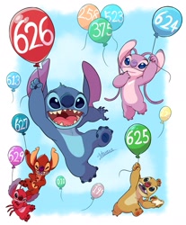 Size: 1697x2048 | Tagged: safe, artist:harara, angel (lilo & stitch), experiment 627 (lilo & stitch), leroy (lilo & stitch), reuben (lilo & stitch), stitch (lilo & stitch), alien, experiment (lilo & stitch), fictional species, disney, lilo & stitch, 2021, 3 toes, 4 fingers, 4 toes, antennae, antennae marking, balloon, blue body, blue claws, blue eyes, blue fur, blue paw pads, brown paw pads, buckteeth, chest fluff, claws, colored tongue, digital art, dipstick antennae, ears, eyebrows, female, floating, fluff, food, fur, group, grumpy, happy, head fluff, holding, holding balloon, holding food, holding object, long antennae, looking at you, male, multiple arms, open mouth, open smile, pink body, pink fur, purple claws, purple nose, purple tongue, raised eyebrow, red body, red claws, red fur, red nose, red paw pads, sandwich, signature, smiling, squinting, teeth, three arms, toe claws, tongue, torn ear, white marking, yellow body, yellow fur