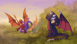 Size: 1280x737 | Tagged: safe, artist:xannador2, cynder the dragon (spyro), red (spyro), spyro the dragon (spyro), dragon, fictional species, western dragon, spyro the dragon (series), the legend of spyro, activision, dragoness, female, fighting, grass, grass field, group, horns, love triangle, male, open mouth, scenery, sigh, signature, struggling, trio, wings