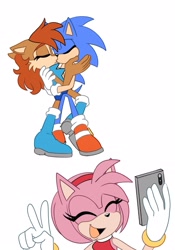 Size: 1509x2160 | Tagged: safe, artist:melodyclerenes, amy rose (sonic), princess sally acorn (sonic), sonic the hedgehog (sonic), chipmunk, hedgehog, mammal, rodent, anthro, plantigrade anthro, archie sonic the hedgehog, sega, sonic the hedgehog (series), quills, shipper on deck, sonally (sonic)