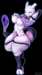 Size: 3200x5600 | Tagged: suggestive, artist:gatotorii, oc, oc only, fictional species, legendary pokémon, mammal, mewtwo, anthro, digitigrade anthro, nintendo, pokémon, 2021, armpits, bedroom eyes, big breasts, black background, black nose, bottomless, breasts, clothes, collar, commission, digital art, ears, eyelashes, female, fishnet, fishnet stockings, legwear, looking at you, nudity, partial nudity, scales, see-through, shirt, shirt lift, simple background, smiling, smiling at you, solo, solo female, stockings, tail, thighs, thunder thighs, topwear, underboob, wide hips