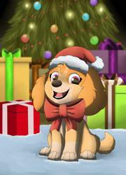 Size: 1240x1720 | Tagged: safe, artist:xxgato, skye (paw patrol), canine, cockapoo, dog, mammal, feral, nickelodeon, paw patrol, 2021, black nose, bow, bow tie, christmas, christmas lights, christmas tree, clothes, commission, conifer tree, digital art, ears, eyelashes, female, fur, hat, holiday, lights, looking at you, open mouth, open smile, paws, present, santa hat, smiling, smiling at you, solo, solo female, tail, tongue, tree