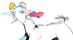Size: 351x193 | Tagged: safe, artist:breakersunny, oc, oc only, bovid, goat, mammal, feral, 4th of july, american flag, flag, holding, horizontal pupils, horns, looking at you, low res, male, mouth hold, simple background, solo, solo male, tail, tail wag, united states of america, white background