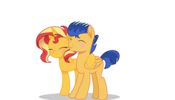 Size: 7000x4000 | Tagged: safe, artist:glistelle, flash sentry (mlp), sunset shimmer (mlp), equine, fictional species, mammal, pegasus, pony, unicorn, feral, friendship is magic, hasbro, my little pony, 2021, absurd resolution, blushing, commission, duo, eyes closed, feathered wings, feathers, female, feral/feral, flashimmer (mlp), folded wings, horn, male, male/female, mare, shipping, simple background, smiling, stallion, tail, vector, white background, wings