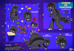 Size: 3000x2078 | Tagged: safe, artist:marykimer, yano (odd taxi), fictional species, furby, mammal, porcupine, anthro, hasbro, nintendo, nintendo switch, console, crested porcupine, digivice, food, full body, headshot, high res, pizza, popcorn, quill, reference sheet, tamagotchi (toy), text, video game