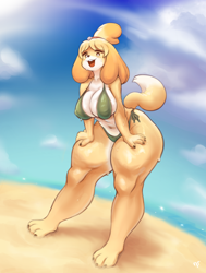 Size: 3400x4500 | Tagged: suggestive, alternate version, artist:ttothep arts, isabelle (animal crossing), canine, dog, mammal, shih tzu, anthro, plantigrade anthro, animal crossing, nintendo, 2021, beach, belly button, big breasts, bikini, black nose, blushing, breasts, claws, cleavage, clothes, ears, eyebrows, eyelashes, female, fur, green bikini, green swimsuit, hair accessory, hand on thigh, high res, looking at you, nipple outline, open mouth, open smile, paws, sand, smiling, smiling at you, solo, solo female, swimsuit, tail, teeth, thick thighs, thighs, tongue, water, wet, white body, white fur, yellow body, yellow fur