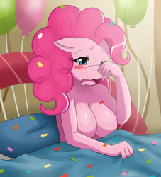 Size: 2252x2483 | Tagged: suggestive, alternate version, artist:ss2sonic, pinkie pie (mlp), earth pony, equine, fictional species, mammal, pony, anthro, friendship is magic, hasbro, my little pony, anthrofied, balloon, bed, big breasts, blanket, blue eyes, blushing, breasts, confetti, featureless breasts, female, high res, morning ponies, nudity, solo, solo female, yawning