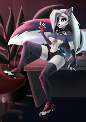 Size: 707x1000 | Tagged: suggestive, artist:klempner, loona (vivzmind), canine, fictional species, hellhound, mammal, anthro, hazbin hotel, helluva boss, 2021, areola, belly button, big breasts, black nose, bottomwear, breasts, cell phone, chair, clothes, collar, colored sclera, crop top, cropped shirt, ear fluff, eyebrows, eyelashes, female, fingerless gloves, fluff, fur, gloves, gray body, gray fur, gray hair, hair, legwear, long hair, midriff, multicolored fur, nipple outline, phone, red sclera, shoes, shoulder fluff, smartphone, sneakers, solo, solo female, spiked collar, tail, tail fluff, thigh highs, thighs, topwear, torn clothes, white body, white eyes, white fur