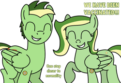 Size: 852x585 | Tagged: safe, artist:didgereethebrony, oc, oc only, oc:boomerang beauty, oc:didgeree, equine, fictional species, mammal, pegasus, pony, feral, hasbro, my little pony, trace, bandaid, base used, duo, female, male, pfizer, simple background, smiling, transparent background, vaccine