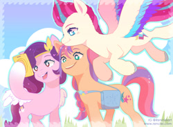 Size: 1000x733 | Tagged: safe, artist:renciel, pipp petals (mlp), sunny starscout (mlp), zipp storm (mlp), equine, mammal, pony, feral, hasbro, my little pony, my little pony g5, spoiler, spoiler:my little pony g5, female, females only, selfie, trio, trio female