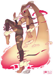Size: 729x1025 | Tagged: safe, artist:rilexlenov, fictional species, lopunny, mammal, anthro, digitigrade anthro, nintendo, pokémon, 2019, black sclera, bottomwear, bra, breasts, butt, clothes, colored sclera, digital art, ears, female, fur, gigantamax, pants, pink nose, simple background, solo, solo female, tail, thighs, underwear, white background, wide hips