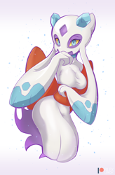 Size: 674x1025 | Tagged: safe, alternate version, artist:rilexlenov, fictional species, froslass, anthro, humanoid, nintendo, pokémon, 2019, breasts, clothes, digital art, ears, female, looking at you, simple background, solo, solo female, white background