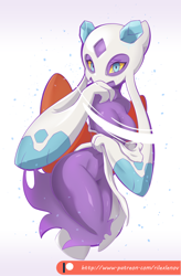Size: 674x1025 | Tagged: suggestive, alternate version, artist:rilexlenov, fictional species, froslass, anthro, humanoid, nintendo, pokémon, 2019, belly button, breasts, covering breasts, covering crotch, digital art, ears, female, looking at you, nudity, simple background, solo, solo female, white background