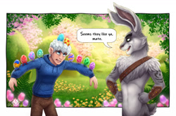 Size: 1280x844 | Tagged: safe, artist:dolphiana, e. aster bunnymund (rise of the guardians), jack frost (rise of the guardians), animate food, animate object, fictional species, human, lagomorph, mammal, rabbit, ambiguous form, anthro, dreamworks animation, rise of the guardians, 2021, ambiguous gender, blue eyes, bottomwear, bush, cheek fluff, clothes, duo focus, ear fluff, easter, easter bunny, easter egg, egg, eggs, flower, fluff, food, fur, gray body, gray fur, hair, hand on waist, holiday, hoodie, long ears, looking up, male, open mouth, outdoors, pants, plant, skin, speech bubble, spread arms, tail, talking, teeth, topwear, whiskers, white hair
