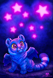 Size: 748x1100 | Tagged: safe, artist:dolphiana, big cat, feline, mammal, tiger, feral, ambiguous gender, cheek fluff, chibi, colored sclera, cub, ear fluff, feathered wings, feathers, fluff, fur, paws, purple eyes, signature, sitting, solo, solo ambiguous, spotted fur, star, striped body, striped fur, striped tail, stripes, tail, whiskers, wings, yellow sclera, young