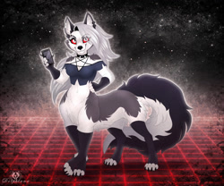 Size: 1100x917 | Tagged: safe, artist:dolphiana, loona (vivzmind), canine, fictional species, hellhound, mammal, anthro, taur, hazbin hotel, helluva boss, 2021, abstract background, anthro centaur, belly fluff, black legwear, black nose, breasts, butt fluff, cell phone, claws, clothes, colored sclera, ear fluff, ear piercing, earring, ears, eyebrow through hair, eyebrows, female, fluff, front view, fur, gray body, gray fur, hair, hand on waist, legwear, long hair, long tail, looking at you, paws, phone, piercing, red sclera, shoulder fluff, side view, silver hair, slit pupils, smartphone, smiling, solo, solo female, standing, tail, tail fluff, thigh highs, torn ear, white body, white eyes, white fur