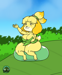 Size: 800x967 | Tagged: suggestive, artist:bencs, isabelle (animal crossing), tinkerbell (peter pan), canine, dog, mammal, shih tzu, anthro, plantigrade anthro, animal crossing, disney, nintendo, peter pan (disney franchise), 2021, blushing, bottomwear, breasts, clothes, commission, digital art, dress, ears, eyelashes, female, fur, hair, sitting, skirt, solo, solo female, tail, thighs, wings