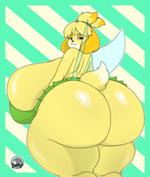Size: 1093x1280 | Tagged: suggestive, artist:bencs, isabelle (animal crossing), tinkerbell (peter pan), canine, dog, mammal, shih tzu, anthro, plantigrade anthro, animal crossing, disney, nintendo, peter pan (disney franchise), 2021, big breasts, big butt, blushing, bottomwear, breasts, butt, clothes, commission, digital art, dress, ears, eyelashes, female, fur, hair, huge breasts, huge butt, hyper, hyper breasts, looking at you, rear view, sideboob, simple background, skirt, solo, solo female, tail, thighs, thunder thighs, wings