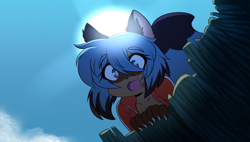Size: 1393x789 | Tagged: safe, artist:papilrux, michiru kagemori (bna), canine, mammal, raccoon dog, bna: brand new animal, 2021, blue hair, bottom view, claws, cloud, cute, cute little fangs, digital art, ears, eyebrows, fangs, female, hair, looking at you, looking down, looking down at you, multicolored eyes, multicolored hair, open mouth, raised eyebrow, simple background, sky, smiling, smiling at you, solo, solo female, sun, tail, teeth, two toned eyes, two toned hair