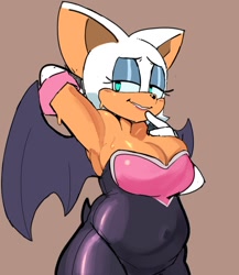 Size: 1300x1500 | Tagged: suggestive, artist:dave from next door, rouge the bat (sonic), bat, mammal, anthro, sega, sonic the hedgehog (series), 2021, bat wings, belly, belly button, big breasts, black nose, blushing, breasts, brown background, cleavage, clothes, cyan eyes, evening gloves, eyelashes, eyeshadow, fat fetish, female, gloves, hand behind head, long gloves, makeup, request art, short tail, simple background, slightly chubby, solo, solo female, sweat, tail, thick thighs, thighs, webbed wings, wings