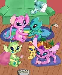 Size: 1526x1846 | Tagged: safe, artist:andledee, angel (lilo & stitch), belle (lilo & stitch), bonnie (lilo & stitch), carmen (lilo & stitch), clip (lilo & stitch), mrs. sickly (stitch!), alien, experiment (lilo & stitch), fictional species, disney, lilo & stitch, nintendo, nintendo ds, stitch!, 2021, 3 toes, 4 toes, 5 fingers, antennae, antennae marking, arm marking, banana, blue eyes, blue nose, body markings, bowl, brown eyes, brown nose, chest marking, claws, colored tongue, couch, cyan body, ear marking, eyelashes, female, females only, food, forehead marking, fruit, fruit hat, fur, grapes, green body, green fur, group, hands on belly, happy, indoors, leg marking, long antennae, lying down, multicolored antennae, multiple arms, nail polish, nintendo ds lite, no nose, open mouth, open smile, orange, pillow, pineapple, pink body, playing, popcorn, prone, purple claws, purple eyes, purple tongue, short tail, sitting, sleeping, slumber party, smiling, tail, teal eyes, teal fur, toe claws, tongue, tongue out, yellow body, yellow fur